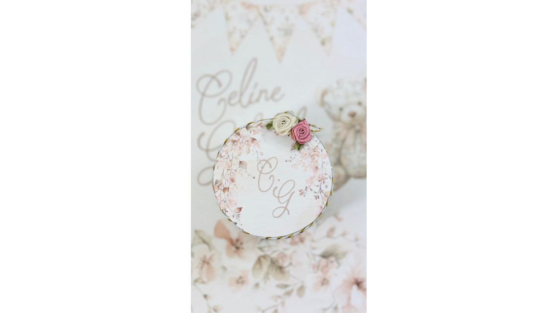 Trusou botez Nude Teddy Bear Toile de Jouy bej crem cu accente light pink și pattern floral vintage 19